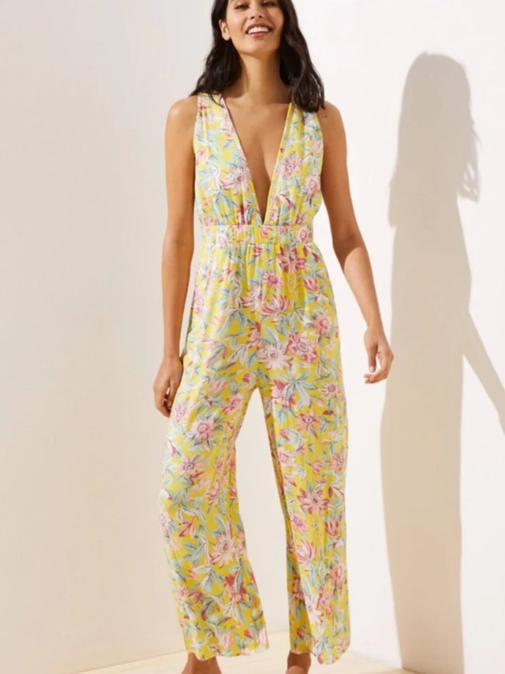 LOFT Beach Floral Double V Wide Leg Jumpsuit